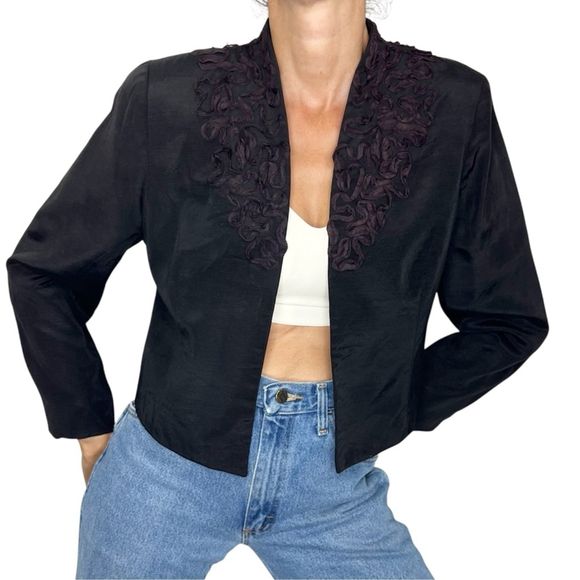 Vintage Jackets & Blazers - Vintage 80s Mister Leonard black applique cropped open front jacket blazer M